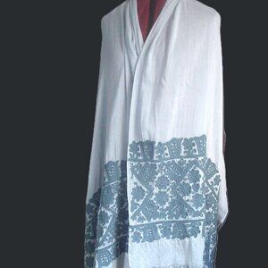 TORY BURCH Silesa Grey Blue Embroidered Shawl Wrap Scarf Embroidery 2015